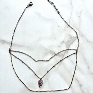 Layered Mixed Metal Necklace with Multicolor Crystal Pendant